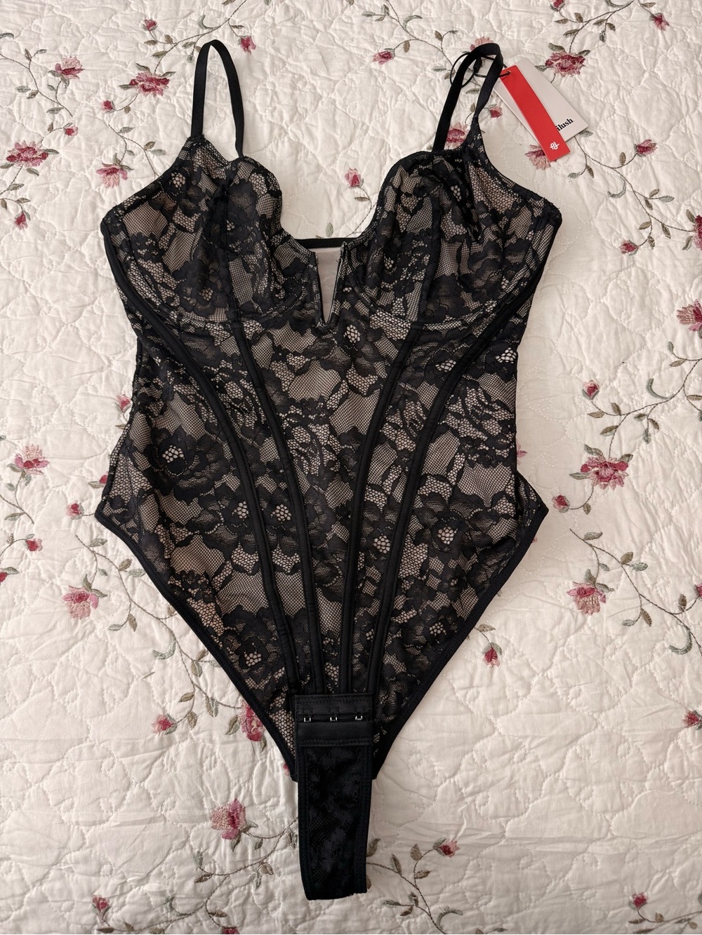 Sheer Black Lace Bodysuit with Supportive Boning